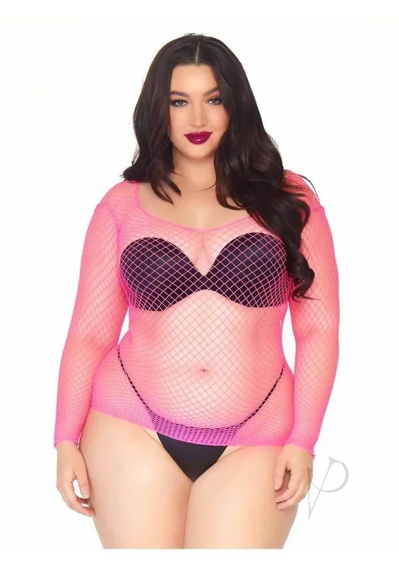 Leg Avenue Spandex Long Sleeved Industrial Net Shirt – Neon Pink – 1X-2X