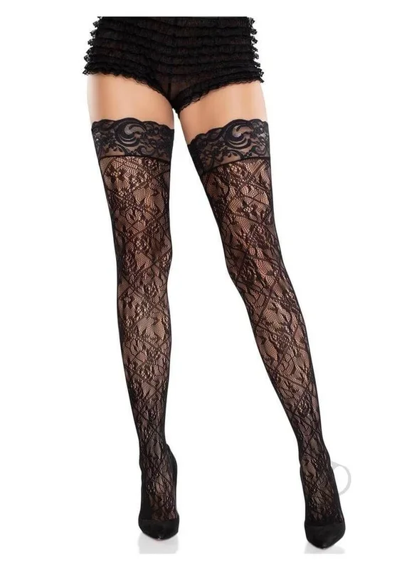 Leg Avenue Stay Up Lace Top Cross Hatch Floral Thigh Black