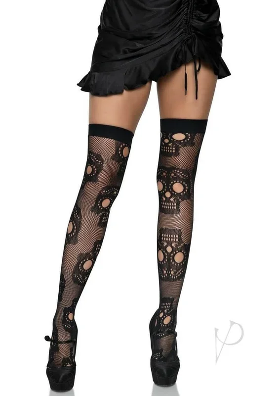 Leg Avenue Sugar Skull Net Thigh Highs OS Black
