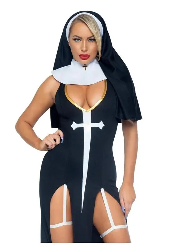 Leg Avenue Sultry Sinner Dual Slit Garter Dress with Vinyl Cross Detail, Vinyl Collar, and Nun Habit