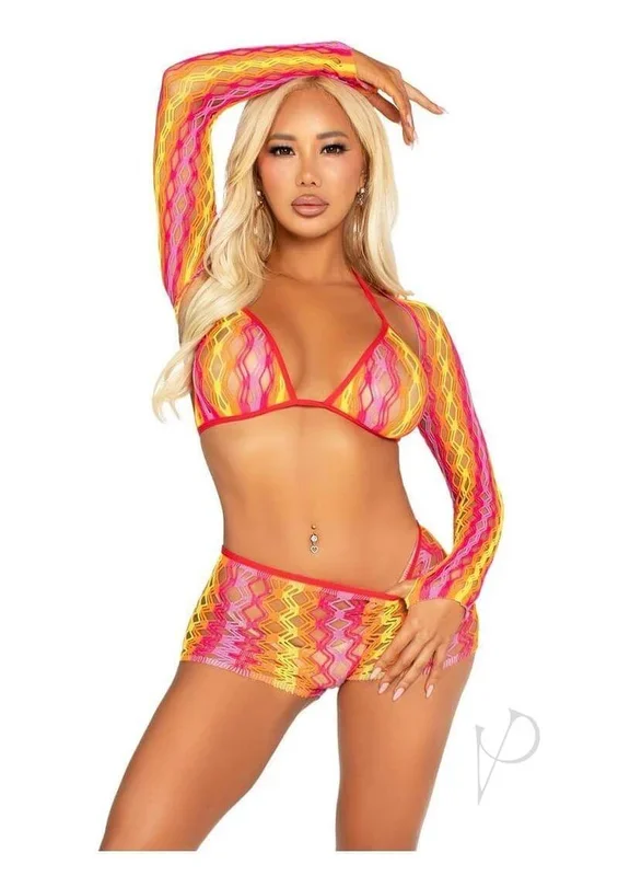 Leg Avenue Zig Zag Net Bikini Top Boyshorts and Shrug – O/S