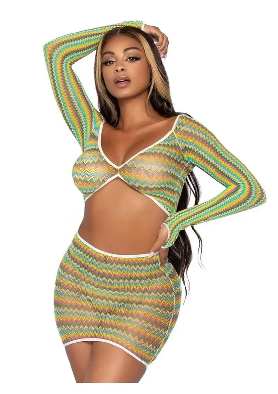 Leg Avenue Zig Zag Net Gauntlet Sleeve Crop Top and Mini Skirt