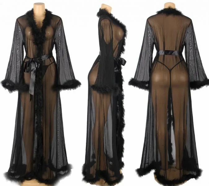Long Sheer Marabou Robe – Black –