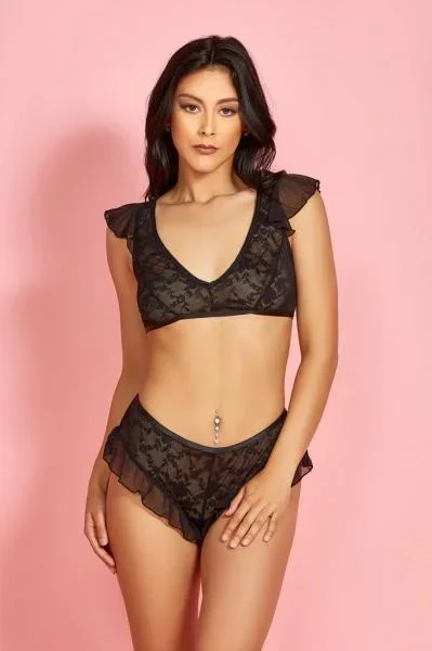 Luna Lace and Ruffled Mesh Bra Set – Black –