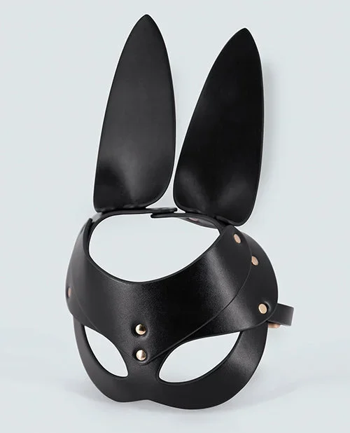 Lust PU Leather Bunny Mask Black Half Face Mask With Ears Adjustable Buckled Headband Metal D Rings And Studs