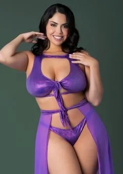 Magic Silk Glimmer High Neck Crop Top, Flowy Skirt & Tanga Set Purple Disco Queen Size