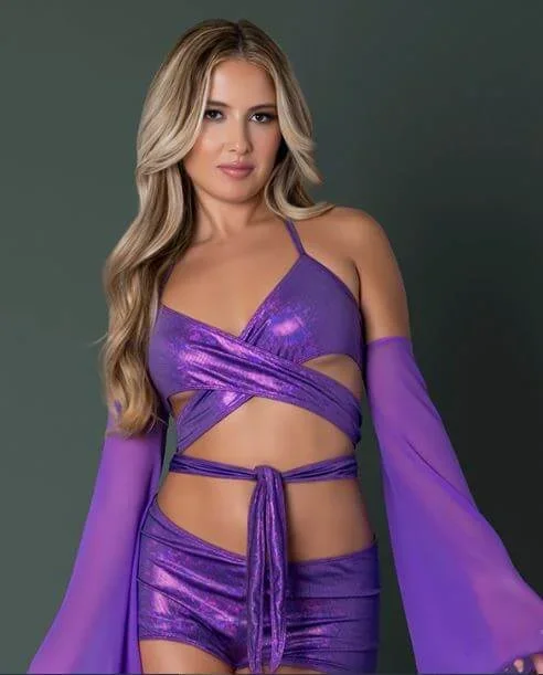 Magic Silk Glimmer Wrap Bralette, Booty Shorts & Sleeve Set Purple Disco L/XL