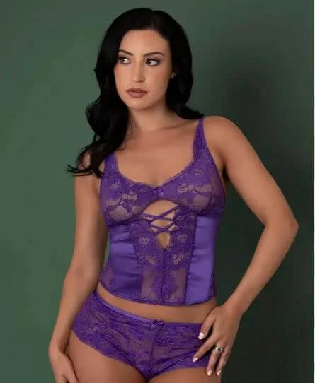 Magic Silk Satin Petals Bustier & Boy Short Set Purple L XL