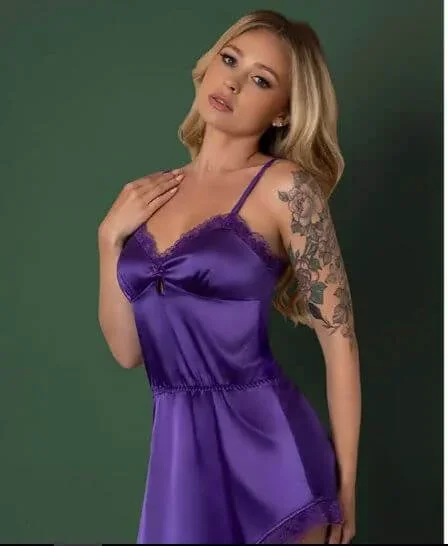 Magic Silk Satin Petals Chemise & G-String Set Purple L XL