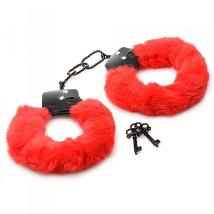 MASTER SERIES CUFFED IN FUR FURRY HANDCUFFS RED