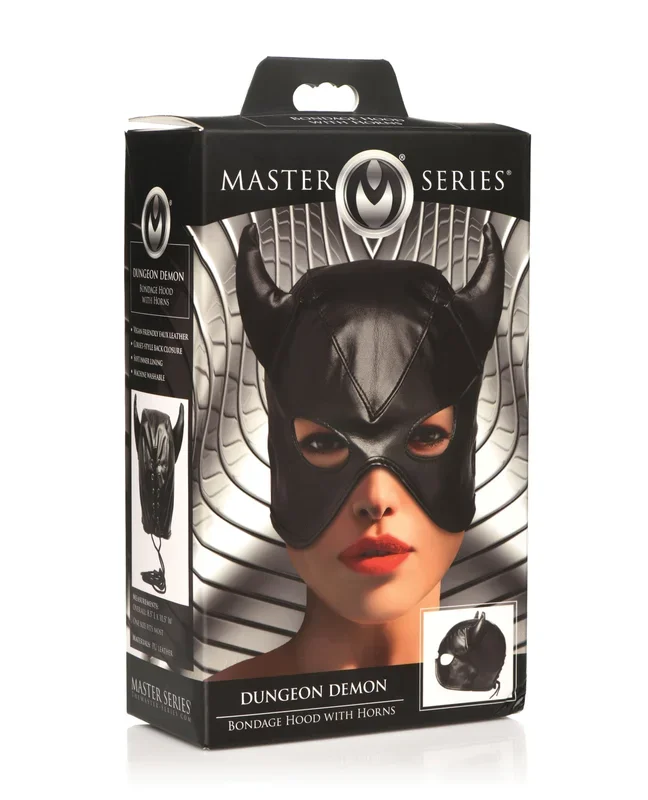 Master Series Dungeon Demon Bondage Hood with Horns – Black