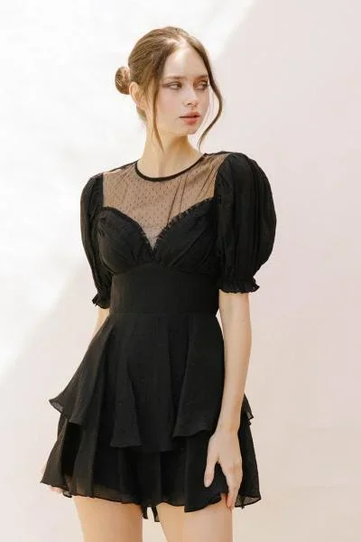 Monochromatic Pleated Fabric Romper – Black –