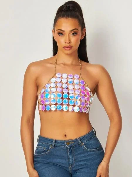 Nanette Holographic Metal Halter Crop Top – Blue –