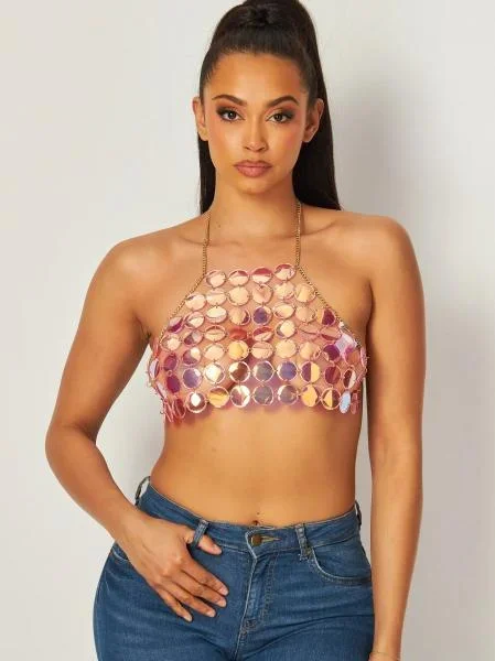 Nanette Holographic Metal Halter Crop Top – Pink –