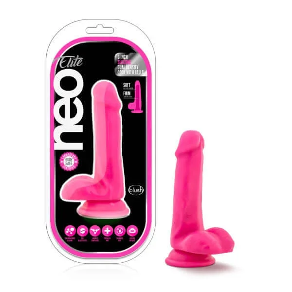 Neo Elite 6 inches Silicone Dual Density Cock with Balls Neon Pink