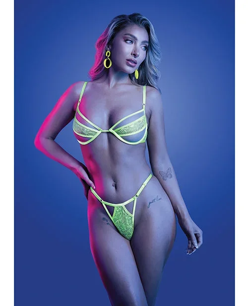 Neon Green UV Reactive Lace & Mesh Underwire Bra and Thong Set