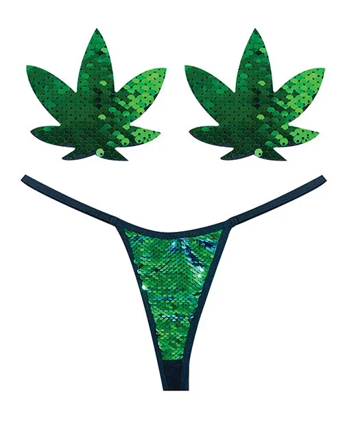 Neva Nude Naughty Knix Weed Leaf Sequin G-String & Pasties – Green O/S