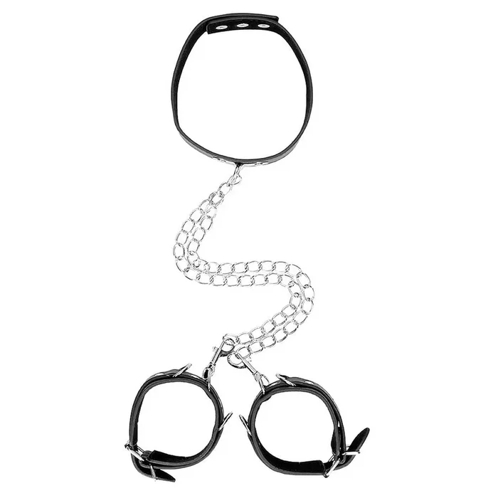 Ouch! Black & White Bonded Leather Collar With Hand Cuffs