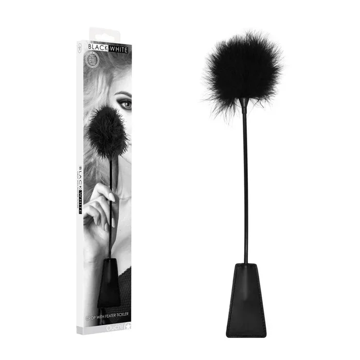 OUCH! Black & White Crop with Feather Tickler – Black 44 cm Feather Crop