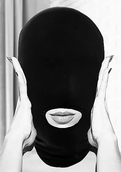 Ouch! Black and White Bondage line Black Submission Mask with Open Mouth
