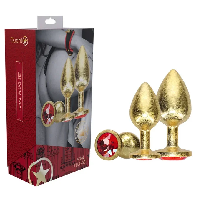 OUCH! Milan Collection – Metal Anal Plug Set – Gold – Gold Butt Plugs with Gem Bases – Set of 3 Sizes