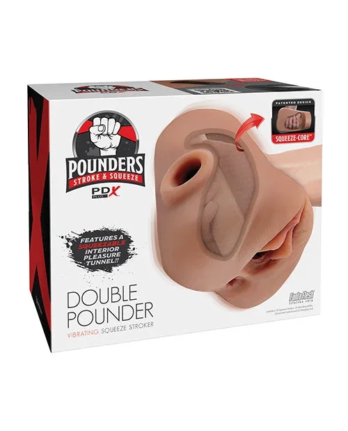 PDX Plus Double Pounder Vibrating Squeeze Stroker – Brown