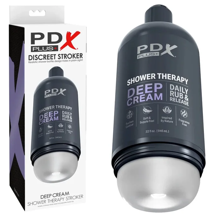 PDX Plus Shower Therapy – Deep Cream – Frosted – Clear Discreet Stroker with Suction Base