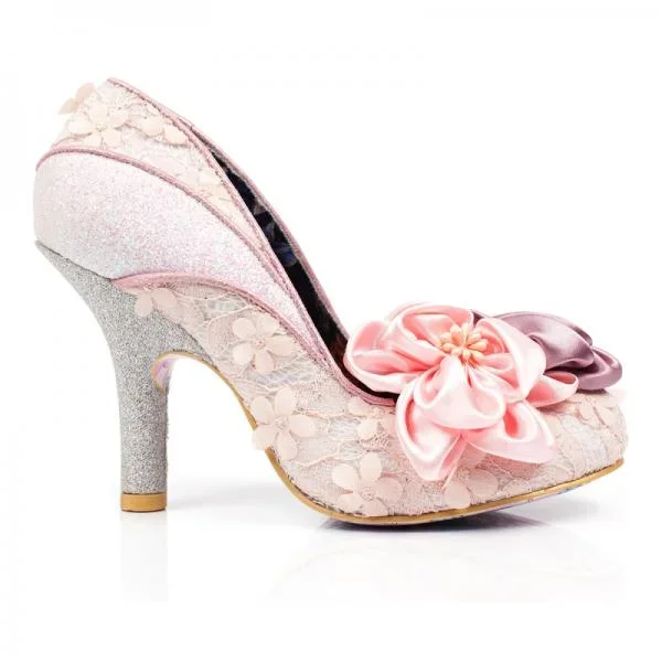 Peach Melba Silk Flower Glitter Heel Pump – Size