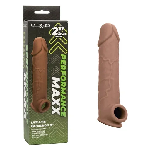 Performance Maxx Life-Like Extension 8 Inch Brown with Built-In Scrotum Strap and Hollow Design