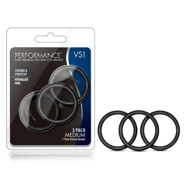 Performance VS1 Pure Premium Silicone Cockrings – Black Medium Cock Rings – Set of 3
