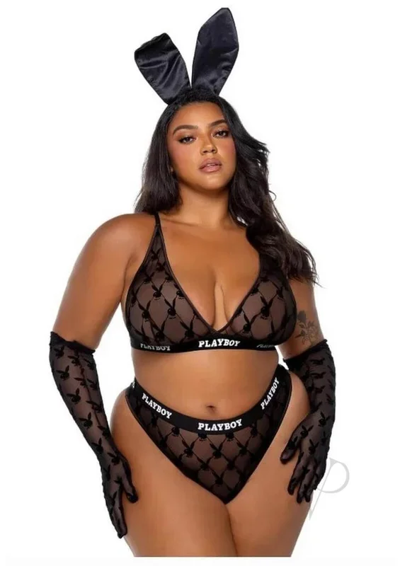 Playboy Flocked Bunny Bra Set 1 XL Black