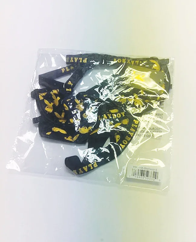 Playboy Gold Foil Mesh & Satin Bralette w/Thong 2 pc Set – Black/Gold 1X