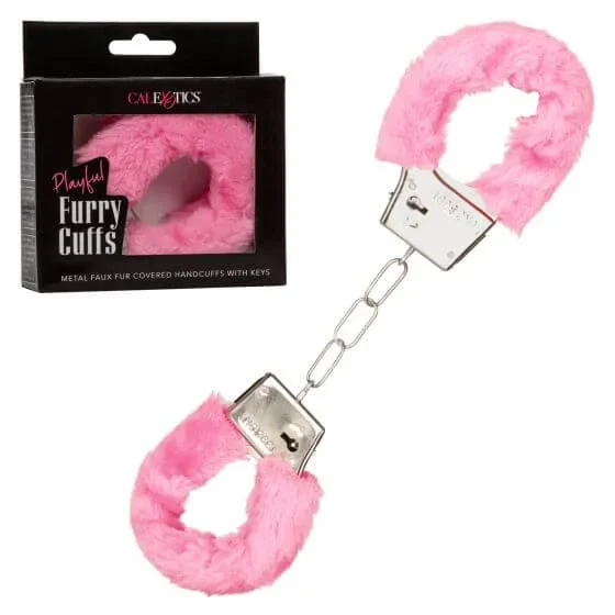 Playful Furry Cuffs Pink – Metal Handcuffs with Faux Fur, 2 Keys, Built-In Release Button