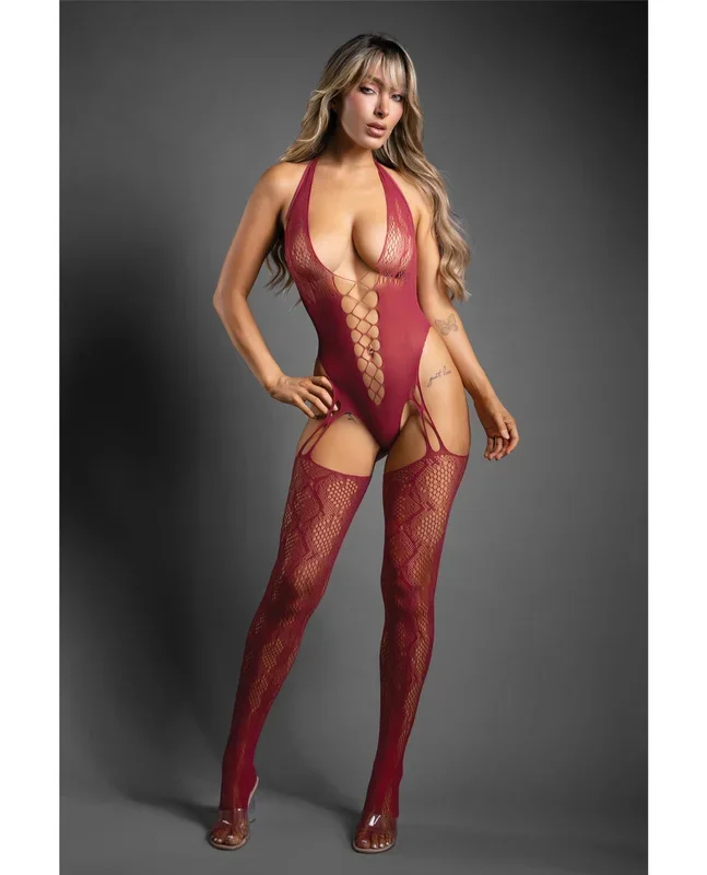 Pretty Poison Snakeskin Halter Bodystocking Burgundy OS