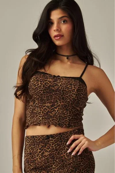 Printed Mesh Bra Cami Top – Leopard –