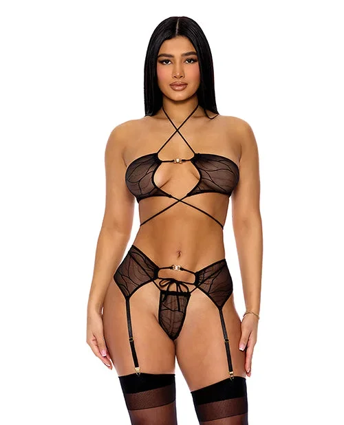 Pull My Strings Mesh Halterneck Bra w/Garter & Panty – Black SM