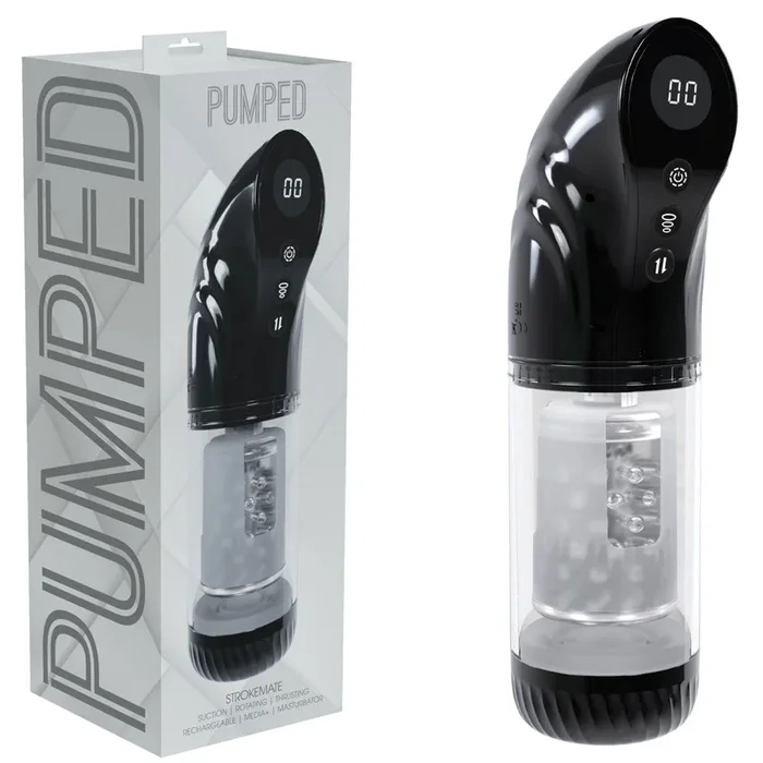 PUMPED Strokemate – Black/Clear USB Rechargeable Sucking Rotating and Thrusting Auto Masturbator