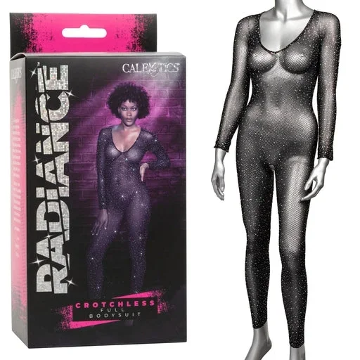 Radiance Crotchless Full Body Suit Black Mesh with Rhinestones, One Size