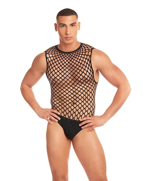 Rainbow Party Full Effect Large Mesh Unitard 2 pc Set w/Thong – Black L/XL