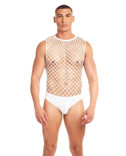 Rainbow Party Full Effect Large Mesh Unitard 2 pc Set w/Thong – White L/XL
