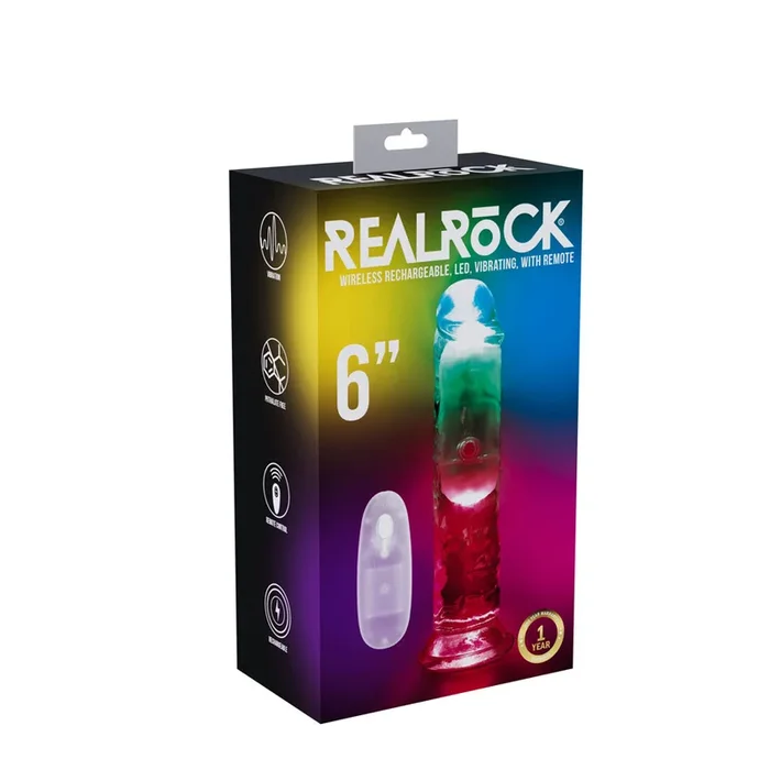 REALROCK 6” No Balls Wireless Rechargeable LED Vibrating Dong – Clear with LED 16.5 cm USB Rechargeable Vibrating Dong with Remote