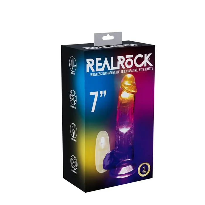 REALROCK 7” with Balls Wireless Rechargeable LED Vibrating Dong – Clear with LED 19.5 cm USB Rechargeable Vibrating Dong with Remote