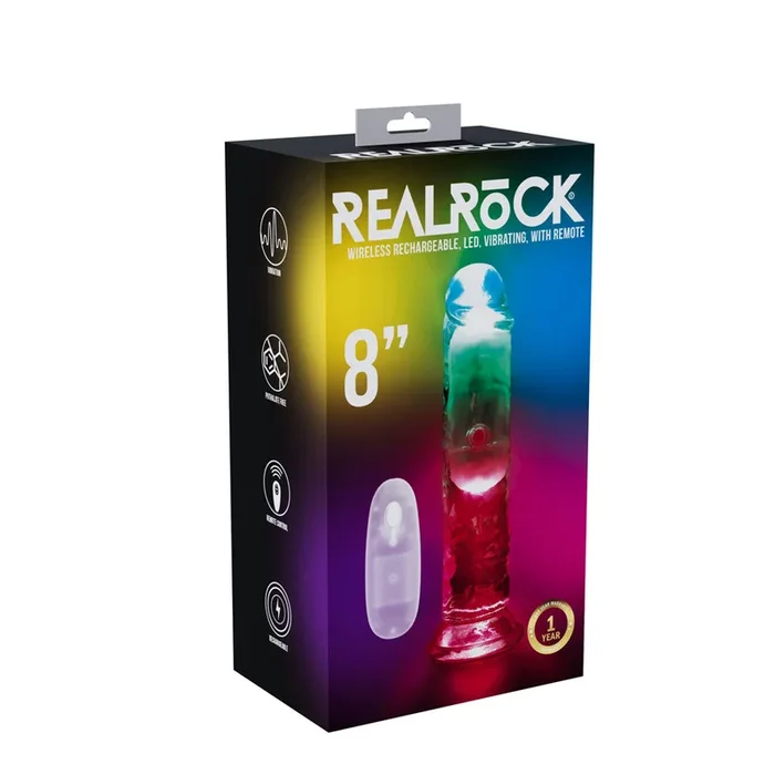 REALROCK 8” No Balls Wireless Rechargeable LED Vibrating Dong – Clear with LED 22 cm USB Rechargeable Vibrating Dong with Remote