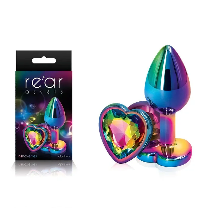 Rear Assets Multi Heart Small Metal Butt Plug with Rainbow Gem