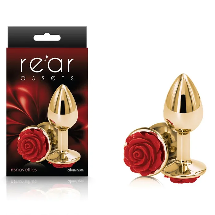 Rear Assets Rose Small Gold Butt Plug 7.6 cm with Red Rose Base