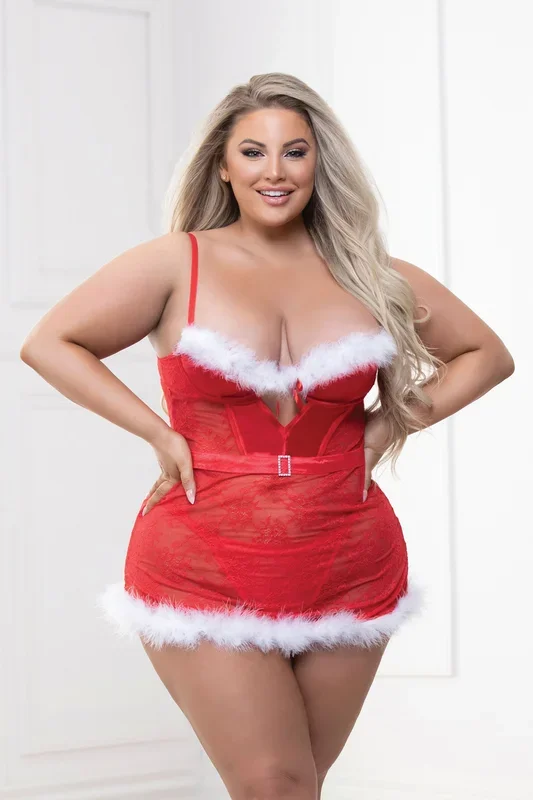 Red Two Piece Lace Satin Chemise Set with Marabou Trim