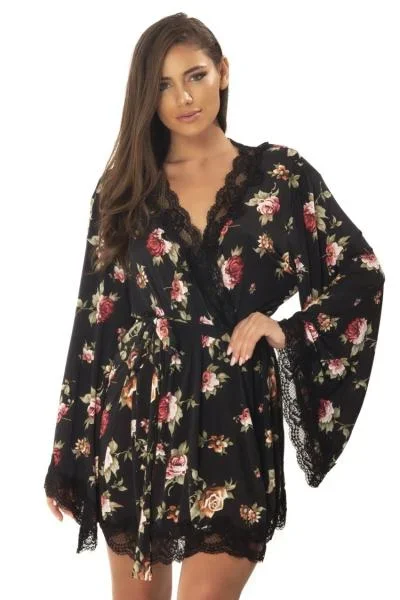 Reina Butterfly Sleeve Robe – Black/Floral –