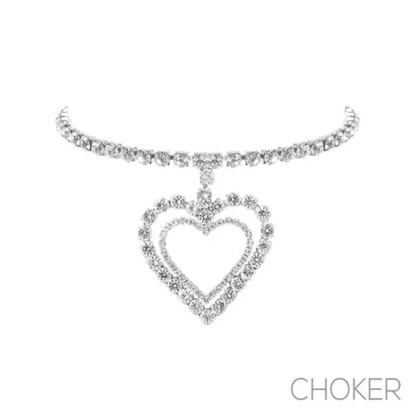 Rhinestone Double Heart Choker – Silver