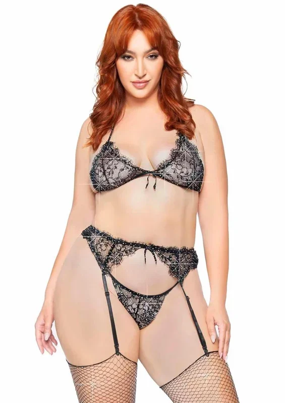 Rhinestone Eyelash Lace Bra Top Garter Belt and G-String