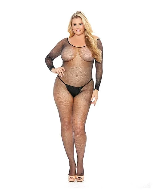 Rhinestone Fishnet Full Sleeved Bodystocking Black One Size Fits Most Plus Size